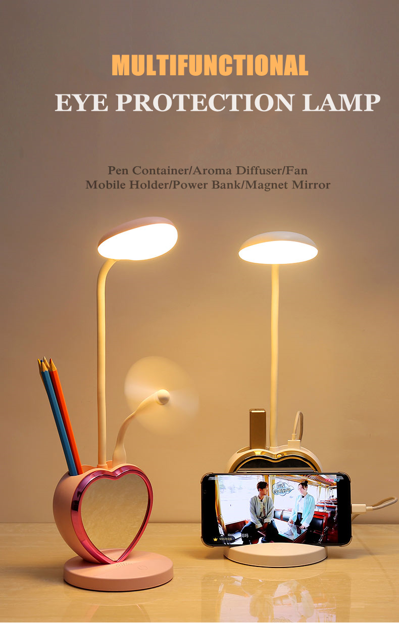 Fashionable Eye Protection Multifunction  LED Desk Lamp With Pen And Phone Holder Detachable With Make UP Mirror Lamp