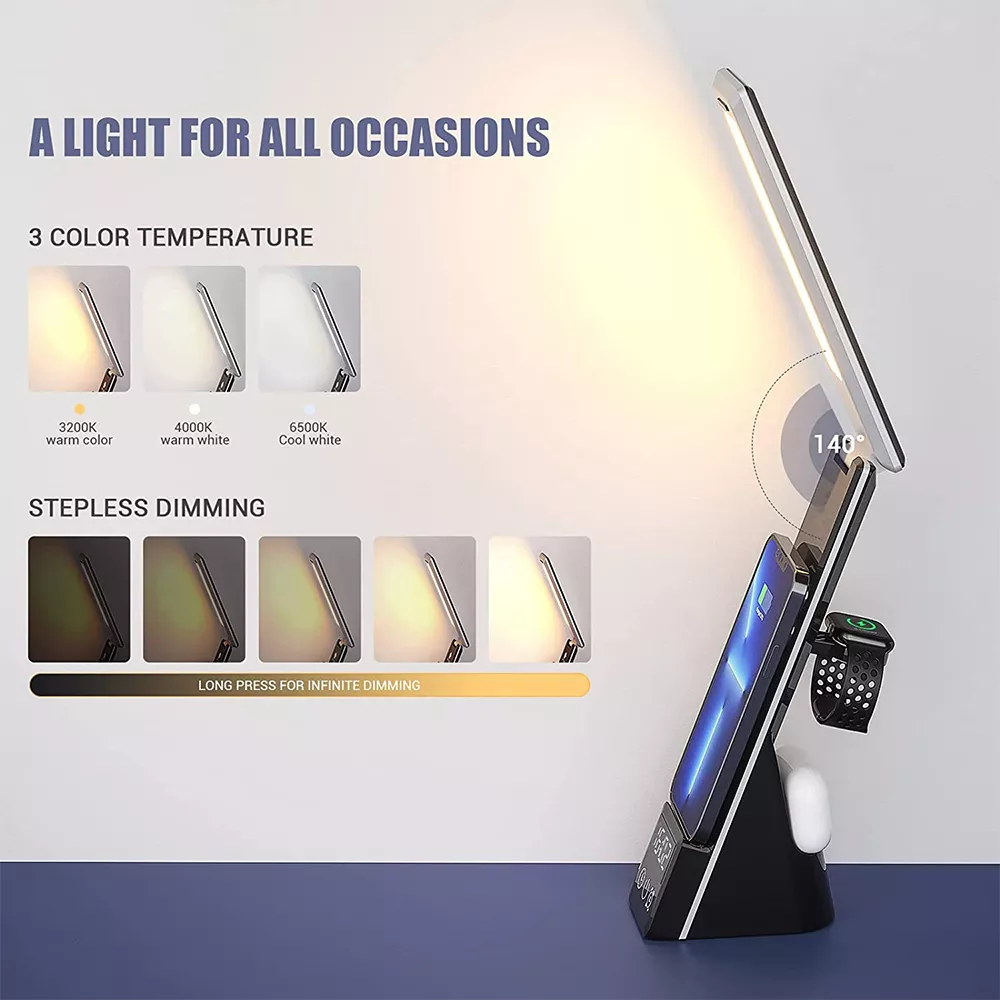 HHJ12 4 In 1 Wireless Charger Eye Protection Touch Control Table Lamp 3 Modes Smart Desk Lamp For Phone Watch Earphones