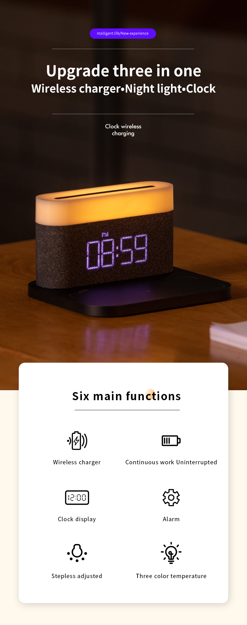 HHS26L Table Lamp Night Stand Lamp Lighting Decorative 3 in 1 Wireless Charger Night Light Bedside Alarm Clock Wireless Charger