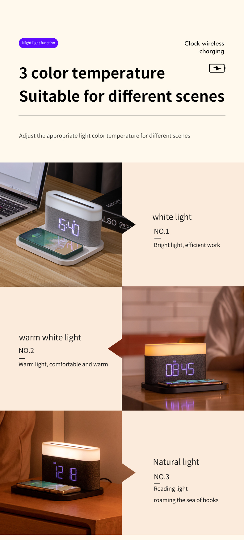 HHS26L Table Lamp Night Stand Lamp Lighting Decorative 3 in 1 Wireless Charger Night Light Bedside Alarm Clock Wireless Charger