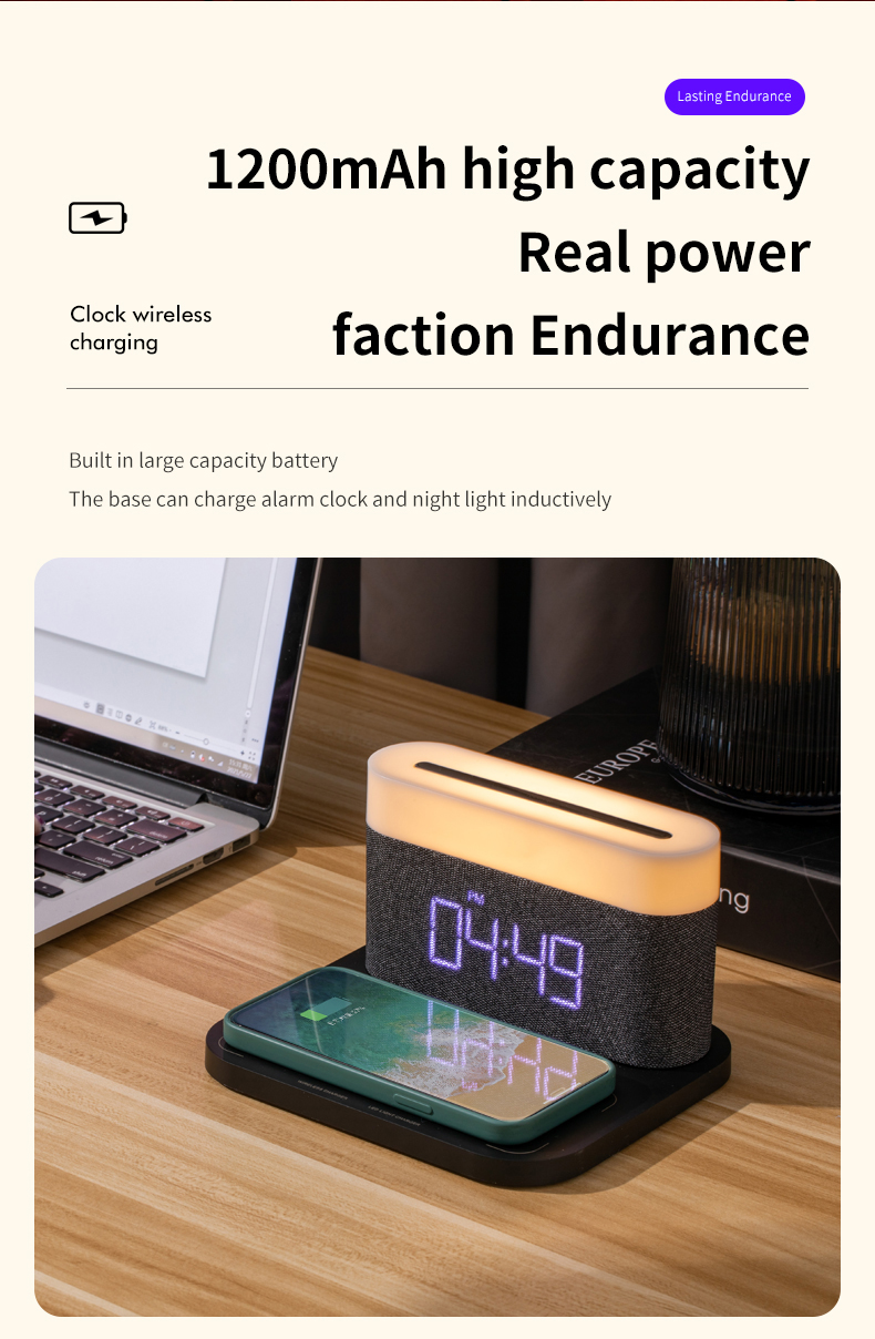 HHS26L Table Lamp Night Stand Lamp Lighting Decorative 3 in 1 Wireless Charger Night Light Bedside Alarm Clock Wireless Charger