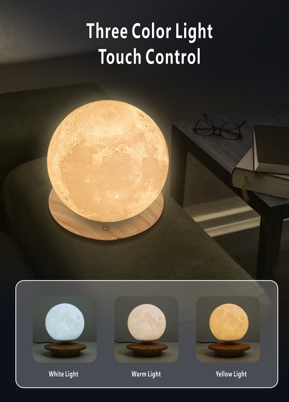 HHS003 3 Color Magnetic  Floating Moon Lamp LED Moon Light  3D Light Planet Lamp  Levitating Floating Moon Lamp Touch Control