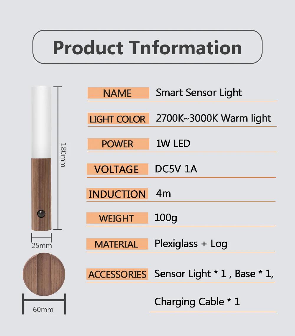 HH HB001 Rechargeable LED Light Sensor Light Motion Sensor LED  Night Lamp Wooden Magnetic Lights USB Charge for Wall Hallway Bedroom