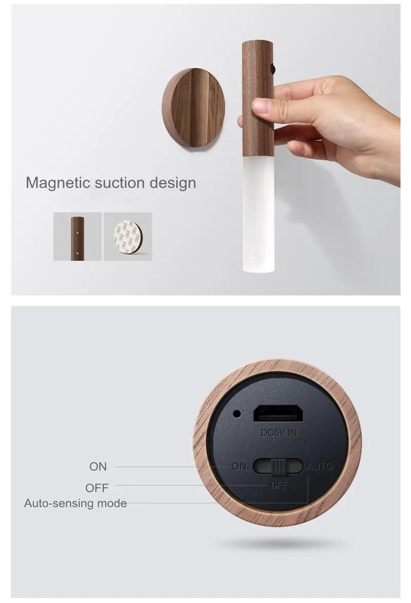 HH HB001 Rechargeable LED Light Sensor Light Motion Sensor LED  Night Lamp Wooden Magnetic Lights USB Charge for Wall Hallway Bedroom