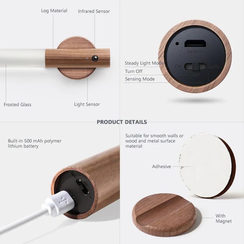 HH HB001 Rechargeable LED Light Sensor Light Motion Sensor LED  Night Lamp Wooden Magnetic Lights USB Charge for Wall Hallway Bedroom