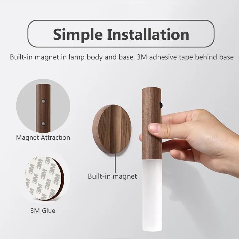 HH HB001 Rechargeable LED Light Sensor Light Motion Sensor LED  Night Lamp Wooden Magnetic Lights USB Charge for Wall Hallway Bedroom