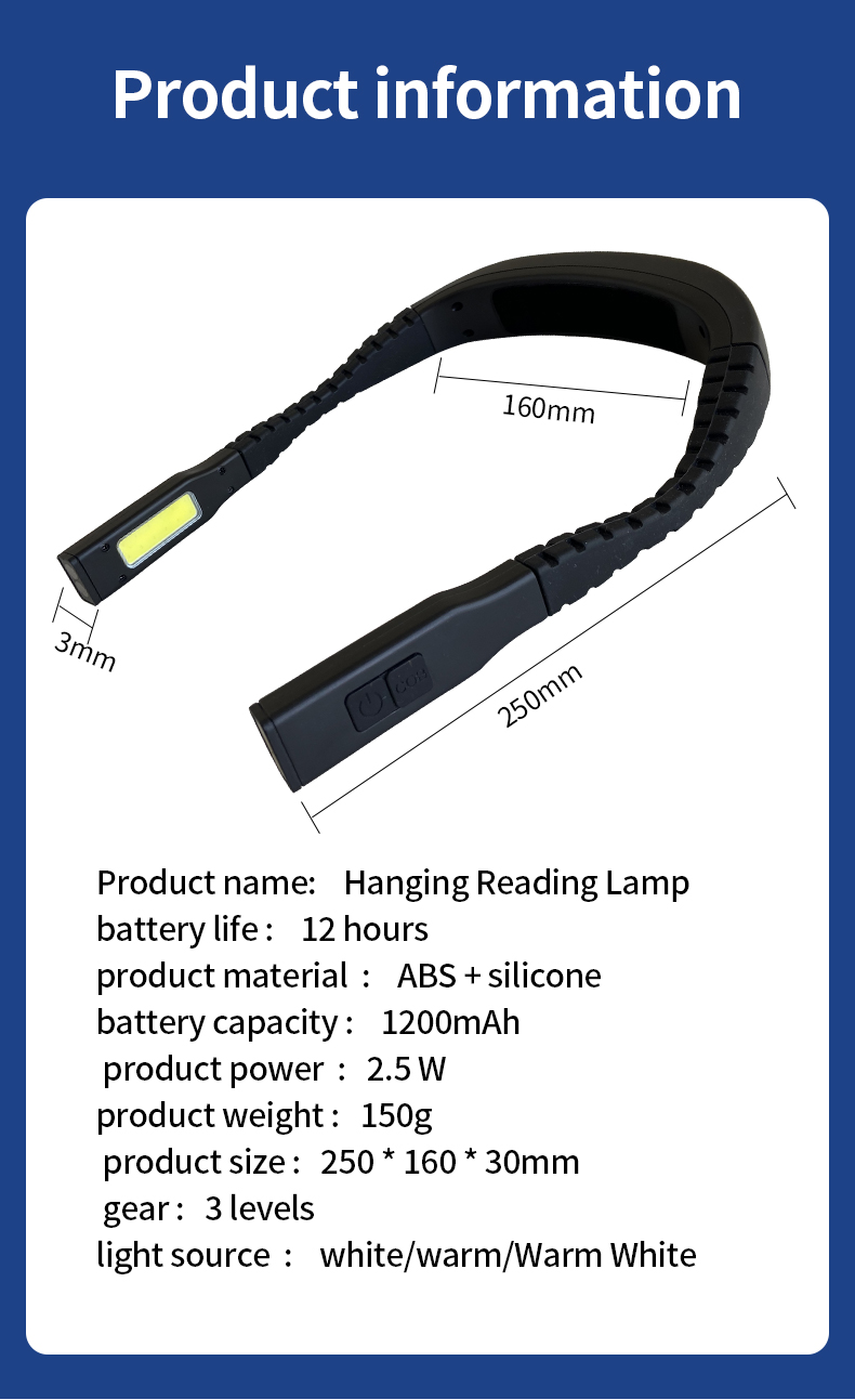 China Wholesaler Adjustable Brightness Rechargeable U Shaped Neck Reading Light Lamp For Bedroom