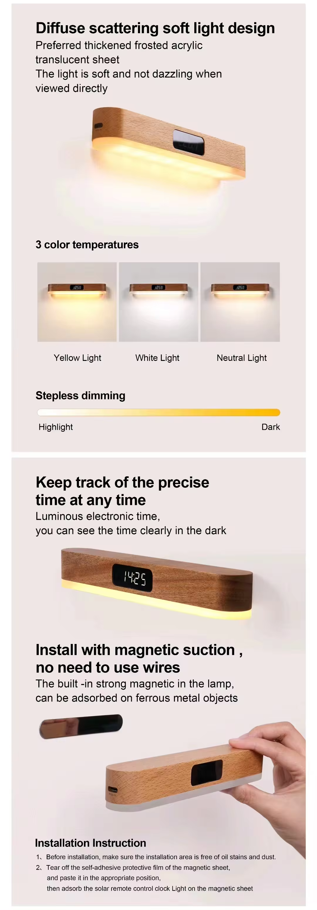 NO-HB039 / NO-HB040 Simple Wood Electromagnetic Adsorption Rechargeable Remote Control Clock Led Wall Lamp For Bedroom Headboard