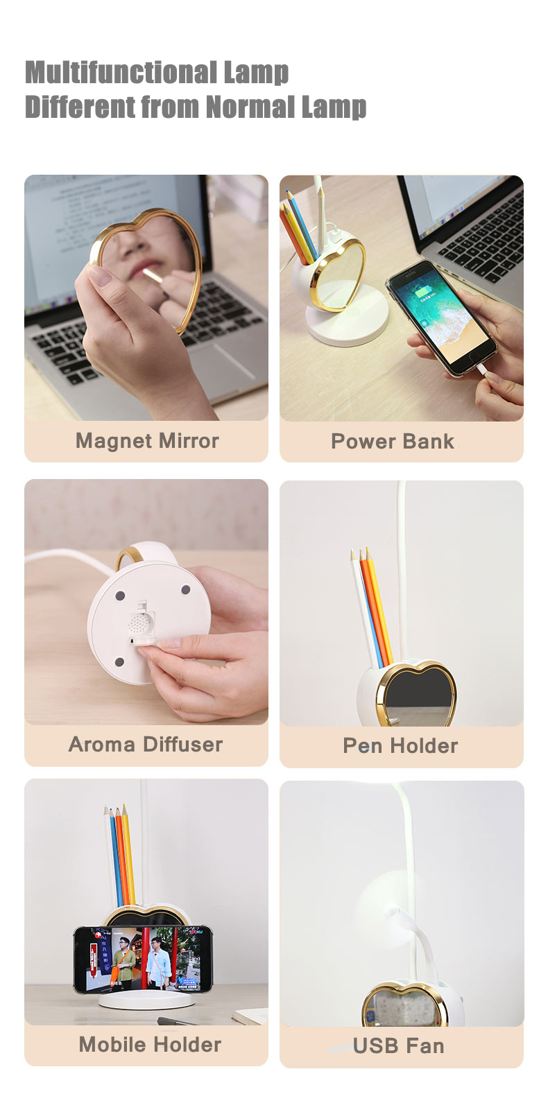 Fashionable Eye Protection Multifunction  LED Desk Lamp With Pen And Phone Holder Detachable With Make UP Mirror Lamp