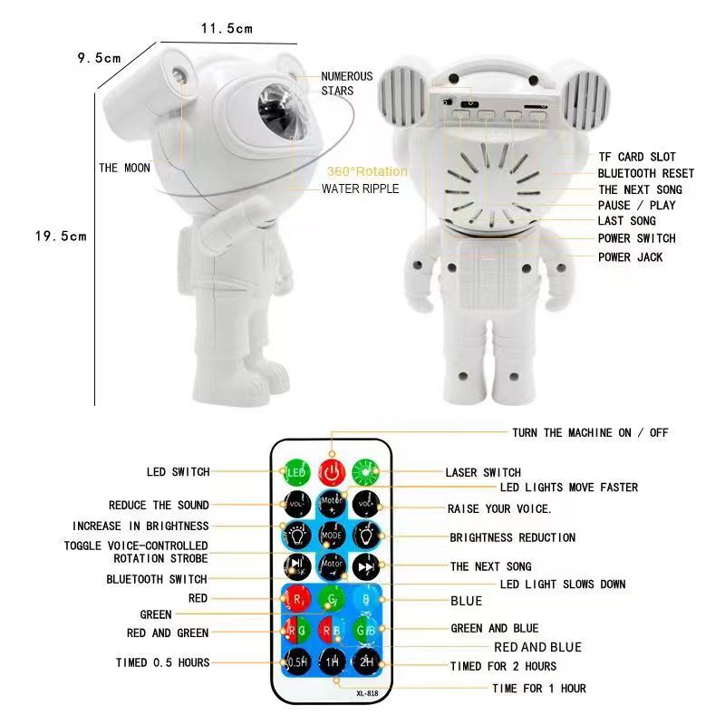 HH731 Astronaut Projector Night Light Projection Projection Lamp Speakers Bluetooth Timing Function Starry Sky For Kids Decoration