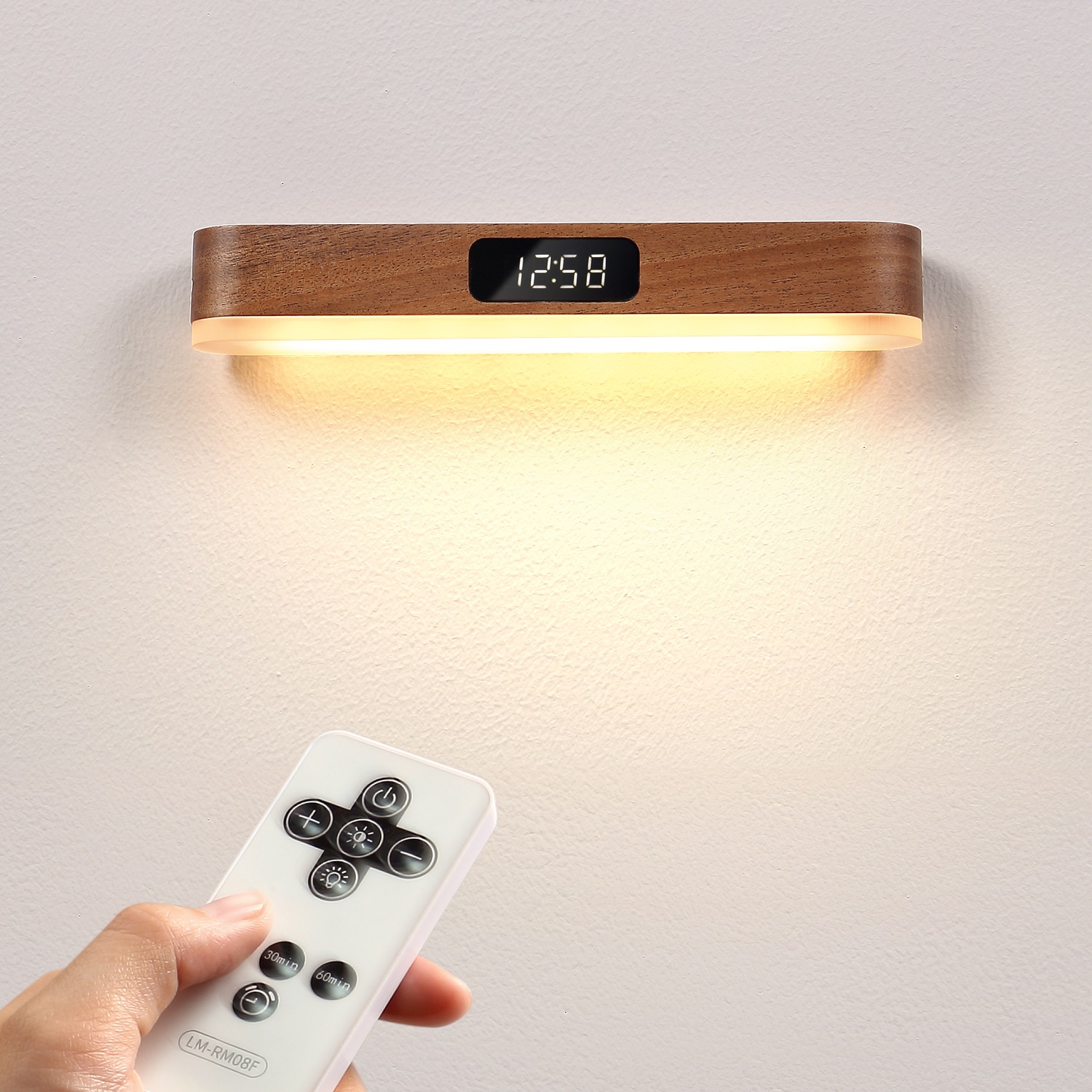 NO-HB039 / NO-HB040 Simple Wood Electromagnetic Adsorption Rechargeable Remote Control Clock Led Wall Lamp For Bedroom Headboard