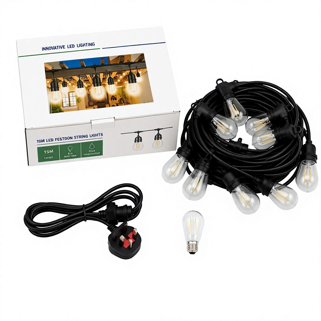 48FT LED Festoon String Lights S14 Filament Bulbs IP54 Dimmable Outdoor Patio Hanging Lights