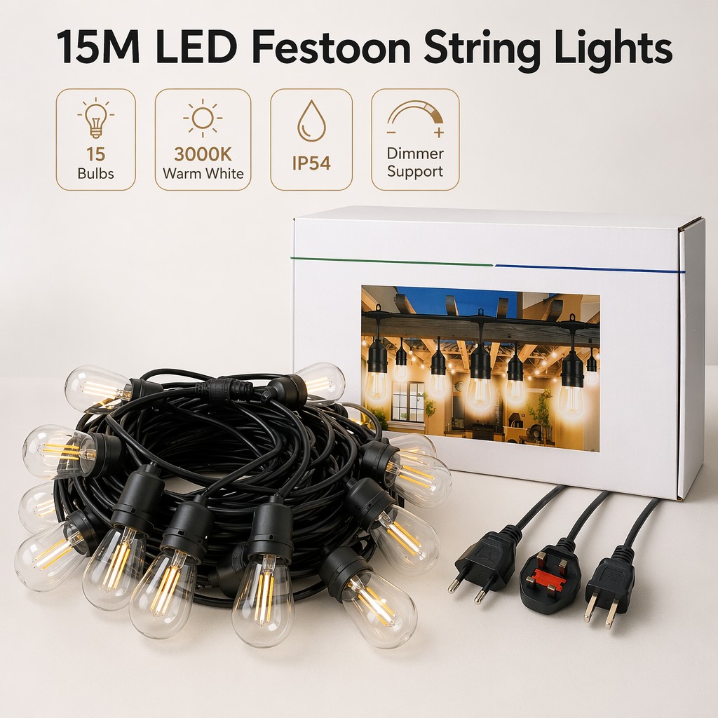 48FT LED Festoon String Lights S14 Filament Bulbs IP54 Dimmable Outdoor Patio Hanging Lights