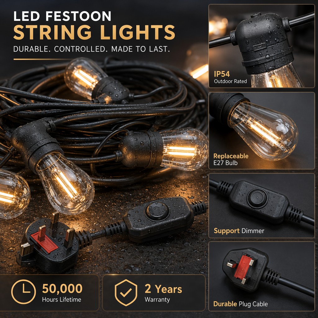48FT LED Festoon String Lights S14 Filament Bulbs IP54 Dimmable Outdoor Patio Hanging Lights