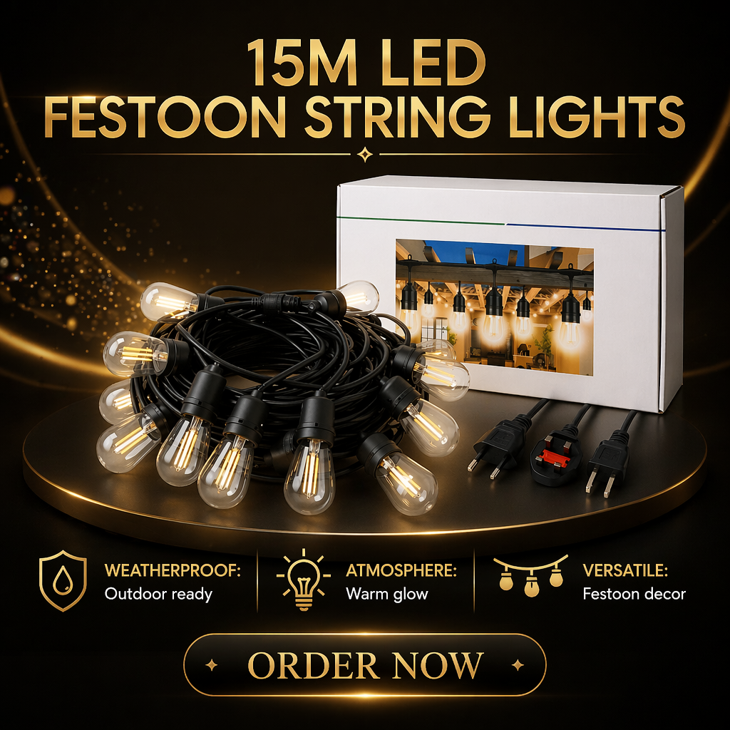 48FT LED Festoon String Lights S14 Filament Bulbs IP54 Dimmable Outdoor Patio Hanging Lights